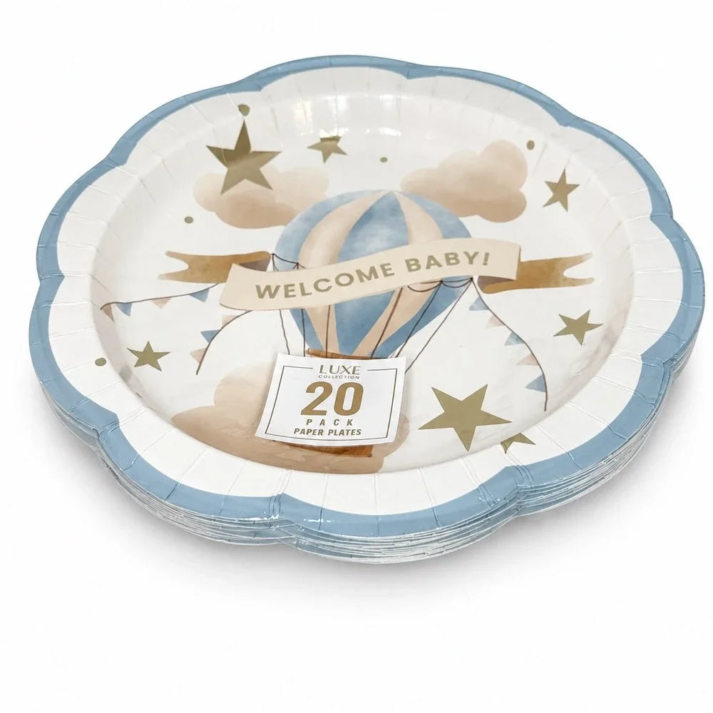 Luxe Collection Welcome Baby Hot Air Balloon Paper Plates 20 Pk Blue Gold 110-82
